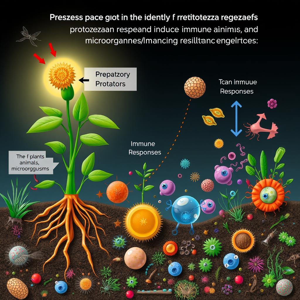 A conceptual illustration depicting the presence of predatory protozoa inducing immune responses in plants, animals, and microorganisms, enhancing resistance to infections