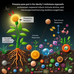 A conceptual illustration depicting the presence of predatory protozoa inducing immune responses in plants, animals, and microorganisms, enhancing resistance to infections