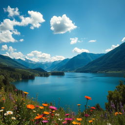 A serene and picturesque landscape featuring a tranquil lake surrounded by lush greenery, majestic mountains in the background under a clear blue sky, with fluffy white clouds lazily drifting by
