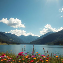 A serene and picturesque landscape featuring a tranquil lake surrounded by lush greenery, majestic mountains in the background under a clear blue sky, with fluffy white clouds lazily drifting by