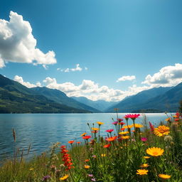 A serene and picturesque landscape featuring a tranquil lake surrounded by lush greenery, majestic mountains in the background under a clear blue sky, with fluffy white clouds lazily drifting by