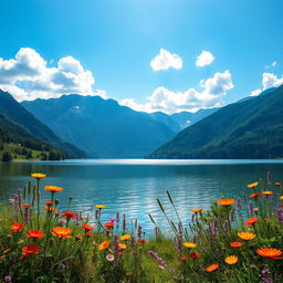 A serene and picturesque landscape featuring a tranquil lake surrounded by lush greenery, majestic mountains in the background under a clear blue sky, with fluffy white clouds lazily drifting by