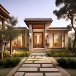 A house designed according to vastu principles, with an east-facing entrance, balanced rooms, and a central courtyard. Use neutral tones for the exterior, with an open, spacious interior that enhances a sense of peace and prosperity.