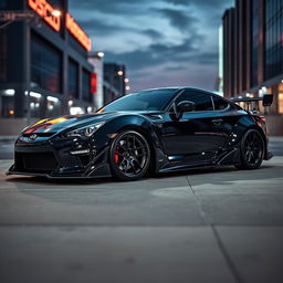 A striking black tuned car project, showcasing a highly modified sports coupe with an aggressive and aerodynamic profile