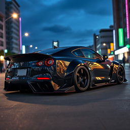A striking black tuned car project, showcasing a highly modified sports coupe with an aggressive and aerodynamic profile