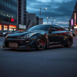 A striking black tuned car project, showcasing a highly modified sports coupe with an aggressive and aerodynamic profile
