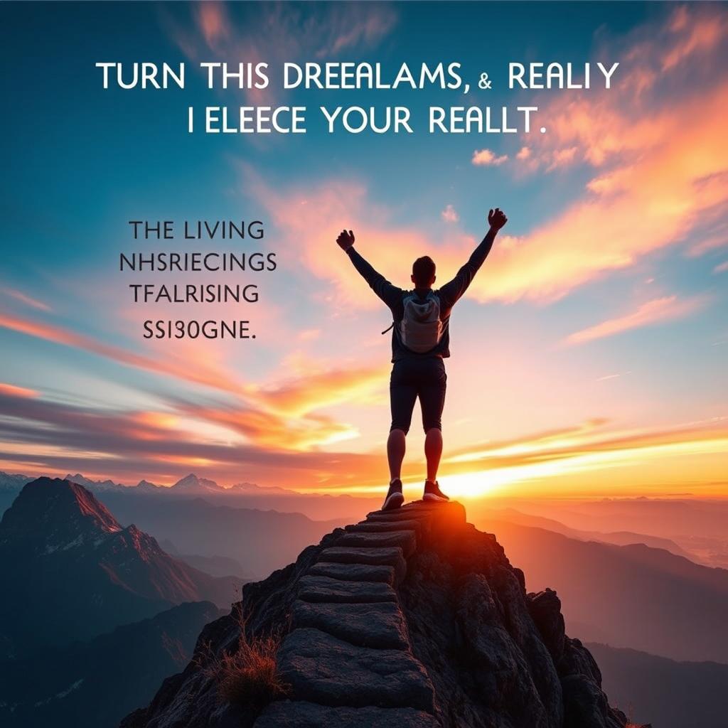 A motivational and inspiring scene depicting a person standing triumphantly on a mountain peak during sunrise, arms raised in victory, symbolizing the achievement of turning dreams into reality