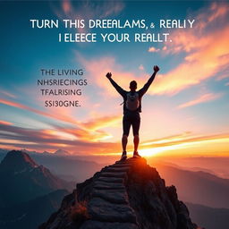 A motivational and inspiring scene depicting a person standing triumphantly on a mountain peak during sunrise, arms raised in victory, symbolizing the achievement of turning dreams into reality