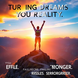 A motivational and inspiring scene depicting a person standing triumphantly on a mountain peak during sunrise, arms raised in victory, symbolizing the achievement of turning dreams into reality