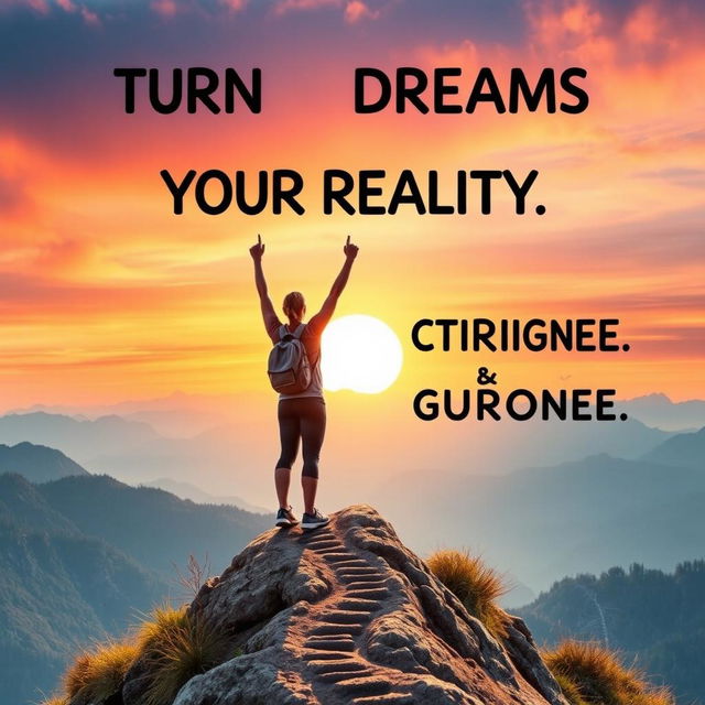 A motivational and inspiring scene depicting a person standing triumphantly on a mountain peak during sunrise, arms raised in victory, symbolizing the achievement of turning dreams into reality