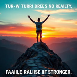 A motivational and inspiring scene depicting a person standing triumphantly on a mountain peak during sunrise, arms raised in victory, symbolizing the achievement of turning dreams into reality