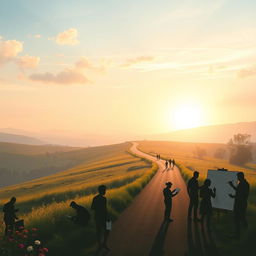 A serene and inspiring landscape depicting a long, winding road leading towards a radiant horizon, symbolizing the road to success