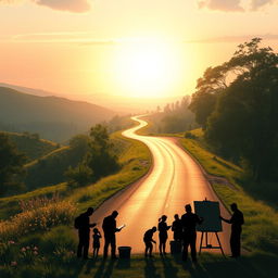 A serene and inspiring landscape depicting a long, winding road leading towards a radiant horizon, symbolizing the road to success