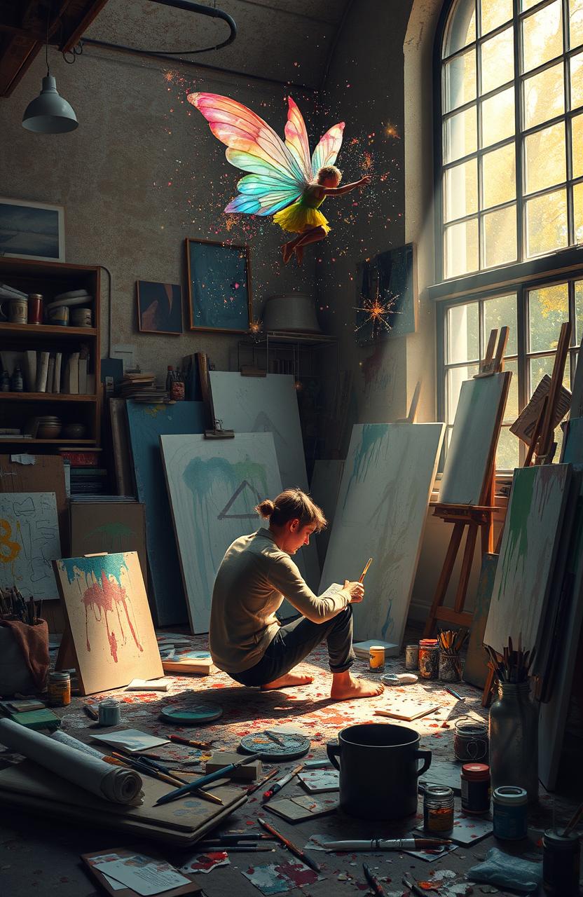 A surreal scene depicting a desperate artist struggling to find inspiration in a chaotic, cluttered studio filled with unfinished canvases, paint splatters, and brushes scattered around