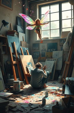 A surreal scene depicting a desperate artist struggling to find inspiration in a chaotic, cluttered studio filled with unfinished canvases, paint splatters, and brushes scattered around