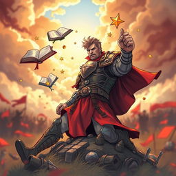 A powerful and dynamic illustration depicting a determined warrior rising from the ground after a fall, showcasing resilience and strength