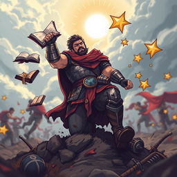 A powerful and dynamic illustration depicting a determined warrior rising from the ground after a fall, showcasing resilience and strength