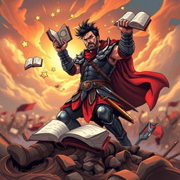 A powerful and dynamic illustration depicting a determined warrior rising from the ground after a fall, showcasing resilience and strength