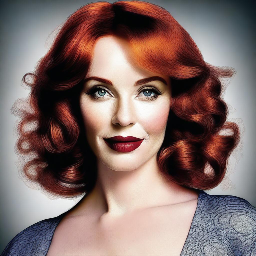 This is a high-quality digital art image that features a woman who bears a strong resemblance to actress Christina Hendricks, but with brunette hair