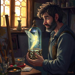 A captivating scene depicting Adrian, a passionate painter, in his quaint, dimly lit studio surrounded by vibrant artwork