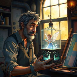 A captivating scene depicting Adrian, a passionate painter, in his quaint, dimly lit studio surrounded by vibrant artwork