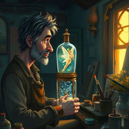 A captivating scene depicting Adrian, a passionate painter, in his quaint, dimly lit studio surrounded by vibrant artwork