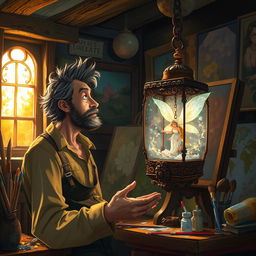 A captivating scene depicting Adrian, a passionate painter, in his quaint, dimly lit studio surrounded by vibrant artwork