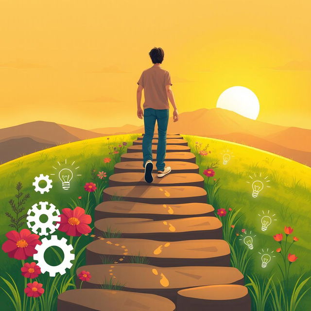 A motivating and uplifting illustration of a person standing at the beginning of a picturesque path that symbolizes a journey of transformation