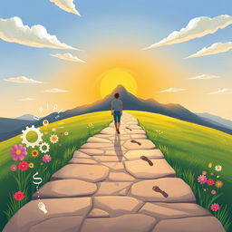 A motivating and uplifting illustration of a person standing at the beginning of a picturesque path that symbolizes a journey of transformation