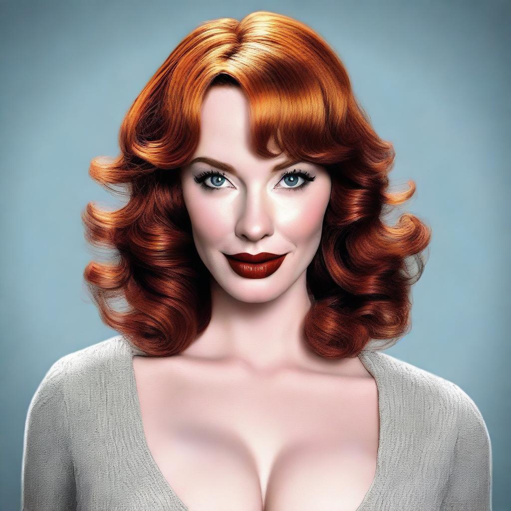 This is a high-quality digital art image that features a woman who bears a strong resemblance to actress Christina Hendricks, but with brunette hair