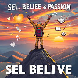 An inspiring visual representation of self-belief and passion, showcasing a determined individual standing atop a mountain peak, overlooking a breathtaking landscape