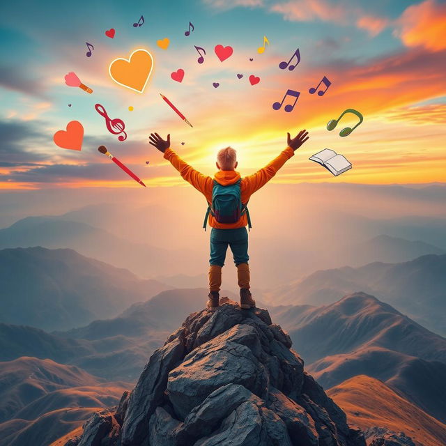 An inspiring visual representation of self-belief and passion, showcasing a determined individual standing atop a mountain peak, overlooking a breathtaking landscape