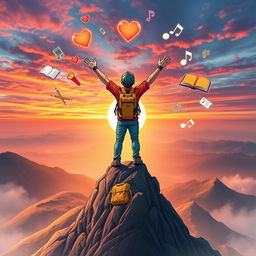 An inspiring visual representation of self-belief and passion, showcasing a determined individual standing atop a mountain peak, overlooking a breathtaking landscape