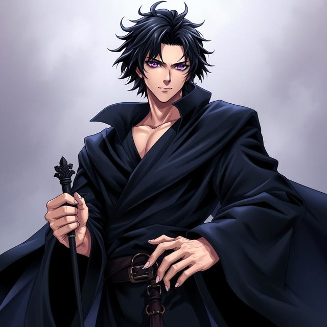 A detailed light novel cover in a manga art style, showcasing a tall male character with shaggy black hair and striking amethyst eyes