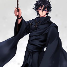 A detailed light novel cover in a manga art style, showcasing a tall male character with shaggy black hair and striking amethyst eyes