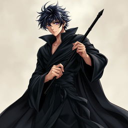 A detailed light novel cover in a manga art style, showcasing a tall male character with shaggy black hair and striking amethyst eyes