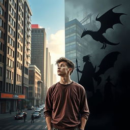 A young man, aged 18, stands in a contemplative posture, positioned in the center of the image