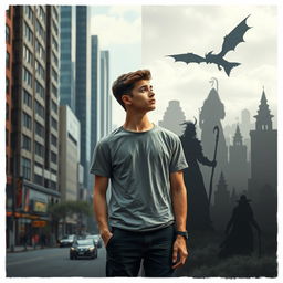A young man, aged 18, stands in a contemplative posture, positioned in the center of the image