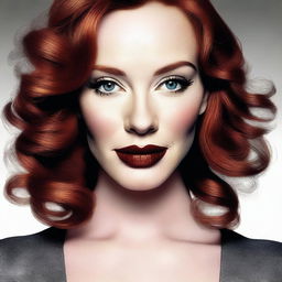 This is a high-quality digital art image that features a woman who bears a strong resemblance to actress Christina Hendricks, but with brunette hair