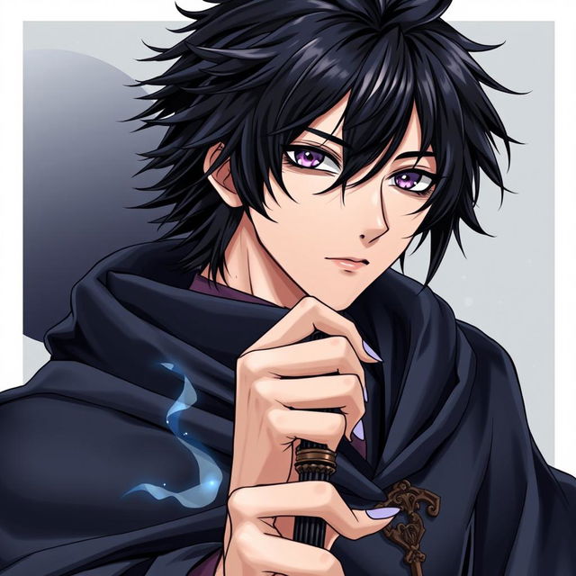 A detailed light novel cover in a manga art style, featuring a tall male character with shaggy black hair and captivating amethyst eyes