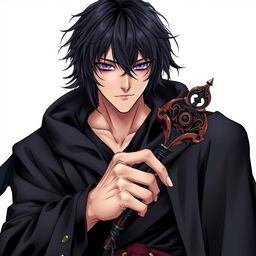 A detailed light novel cover in a manga art style, featuring a tall male character with shaggy black hair and captivating amethyst eyes
