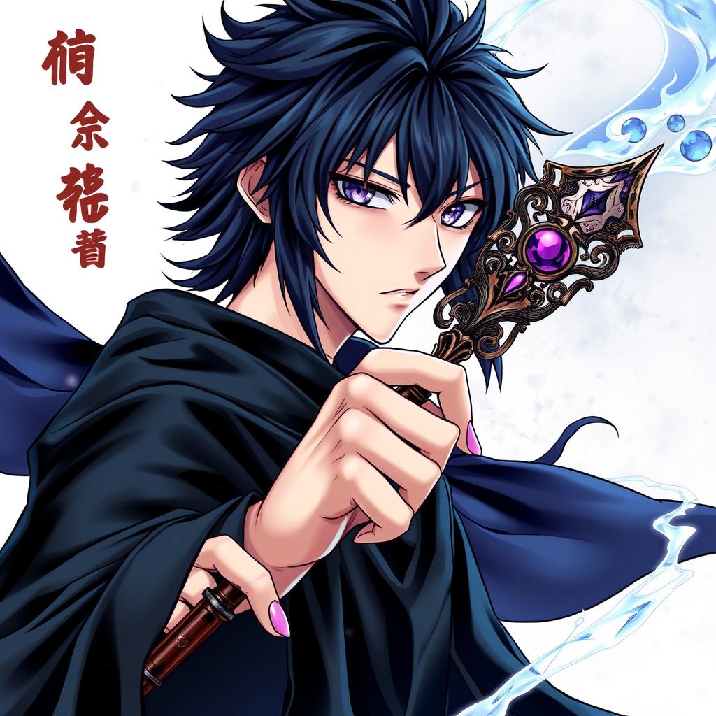 A detailed light novel cover in a manga art style, featuring a tall male character with shaggy black hair and captivating amethyst eyes