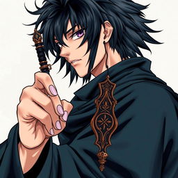 A detailed light novel cover in a manga art style, featuring a tall male character with shaggy black hair and captivating amethyst eyes