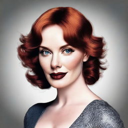 This is a high-quality digital art image that features a woman who bears a strong resemblance to actress Christina Hendricks, but with brunette hair