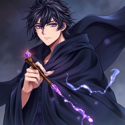 A detailed light novel cover in a manga art style, featuring a tall male character with shaggy black hair and captivating amethyst eyes