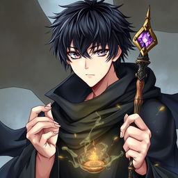 A detailed light novel cover in a manga art style, featuring a tall male character with shaggy black hair and captivating amethyst eyes