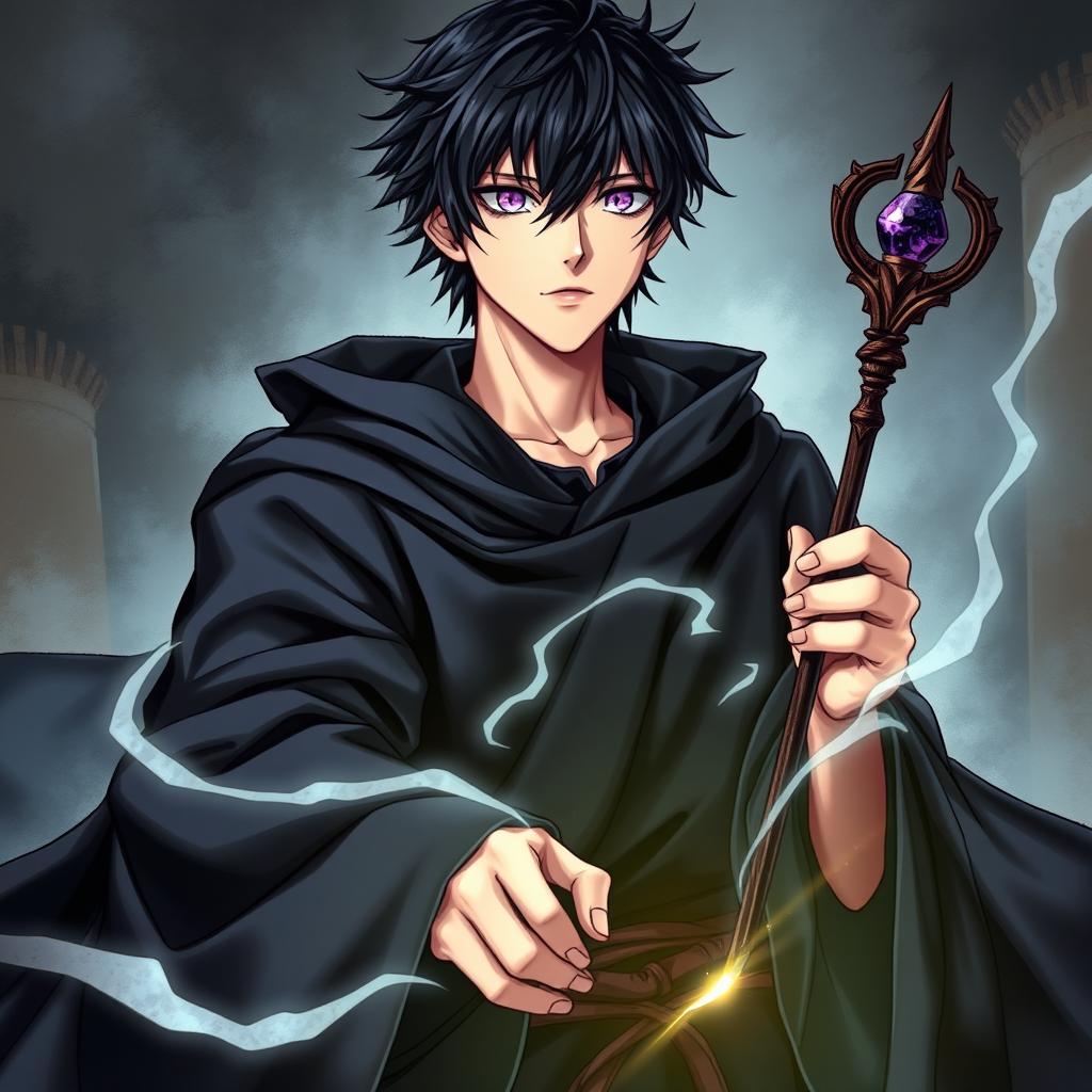 A detailed light novel cover in a manga art style, featuring a tall male character with shaggy black hair and captivating amethyst eyes