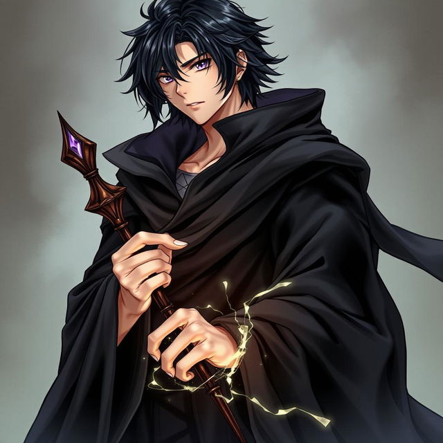 A detailed light novel cover in a manga art style, featuring a tall male character with shaggy black hair and captivating amethyst eyes