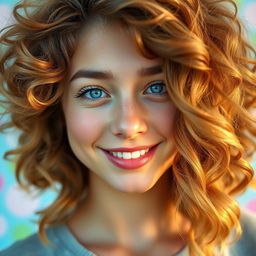 A close-up portrait of a young woman with fluffy, voluminous hair styled in soft waves, cascading down her shoulders