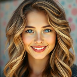 A close-up portrait of a young woman with fluffy, voluminous hair styled in soft waves, cascading down her shoulders